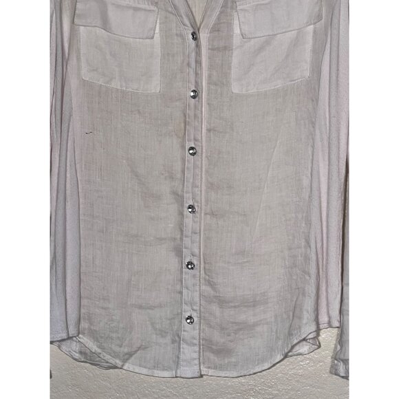 INC. International Concept 8 White Linen Rayon Blouse Pockets Roll Tab Sleeves - Picture 6 of 16